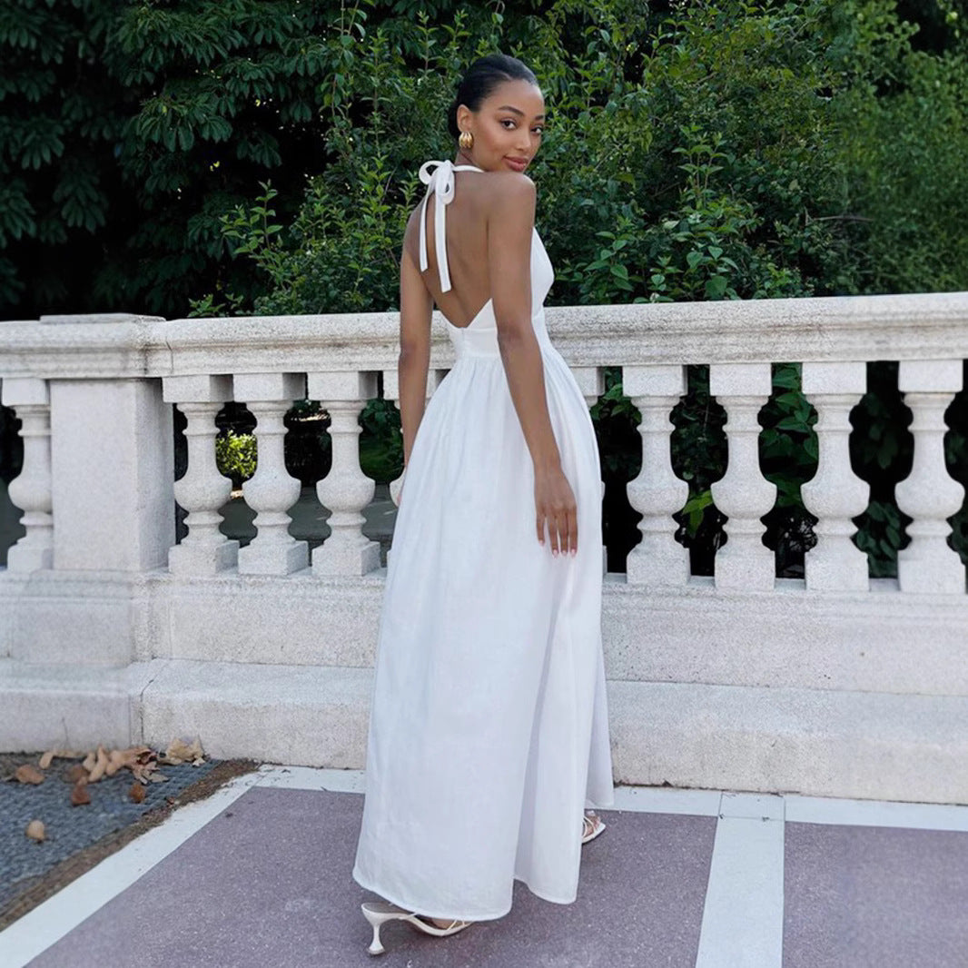Damen Elegantes Maxikleid mit Halterneck-Design und fließendem Rock EB