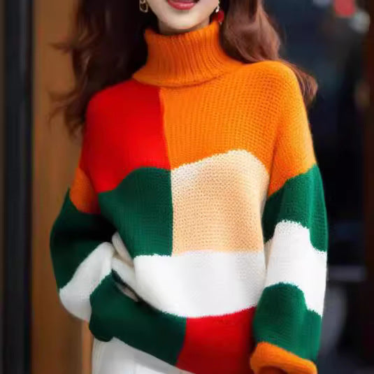 Damen Grobstrickpullover mit hohem Kragen und buntem Farbblockdesign EB