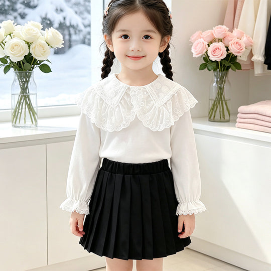 Mädchen Bluse mit elegantem Spitzenkragen und Rüschendetails EB