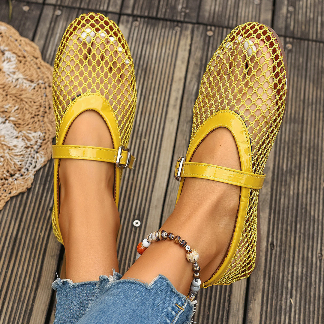 Damen Ballerinas mit modischem Netzdesign und dekorativem Riemchen EB