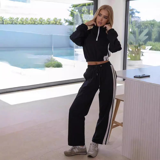 Damen legeres Sweat-Lounge-Set mit halbem Reißverschluss, Kordelzugbund und Kontraststreifen EB