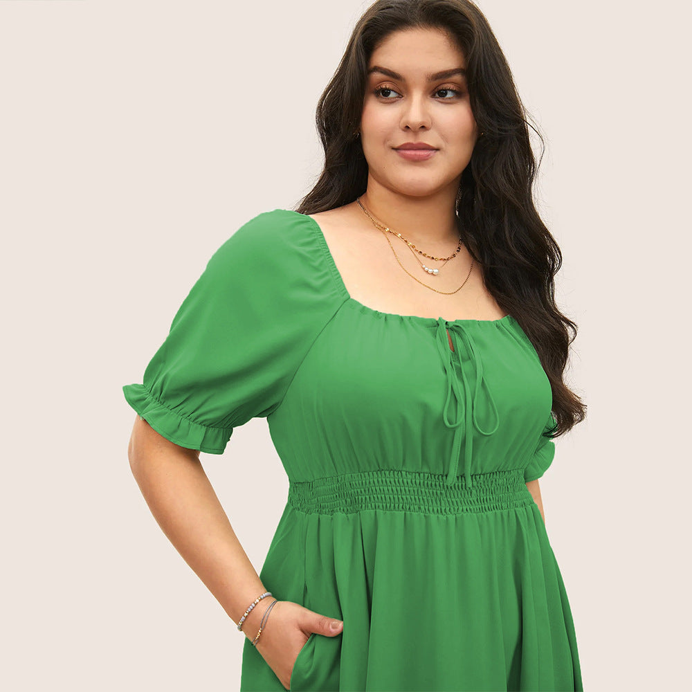 Damen Midi-Kleid mit Puffärmeln und elastischem Taillenbund EB