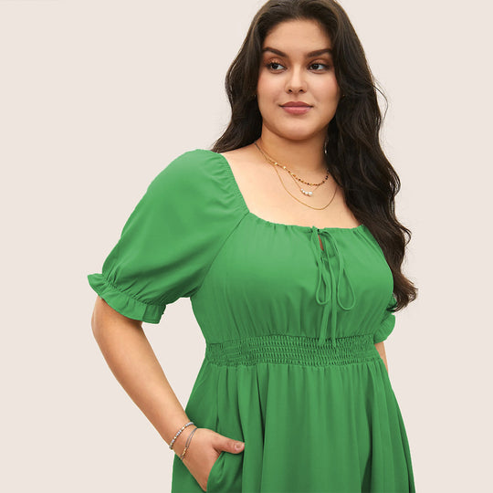 Damen Midi-Kleid mit Puffärmeln und elastischem Taillenbund EB