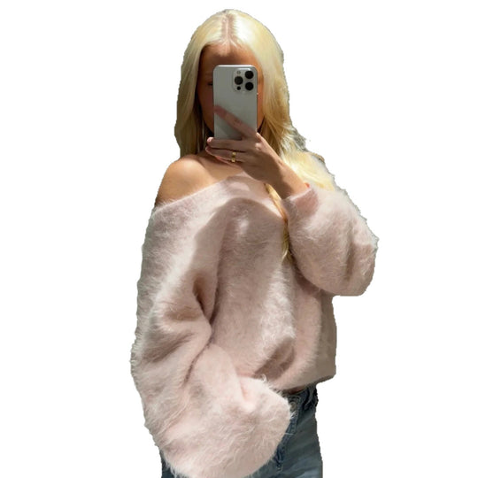 Damen nan oversized flauschiger Mohair-Blend Off-Shoulder Pullover mit Balloon-Ärmeln EB