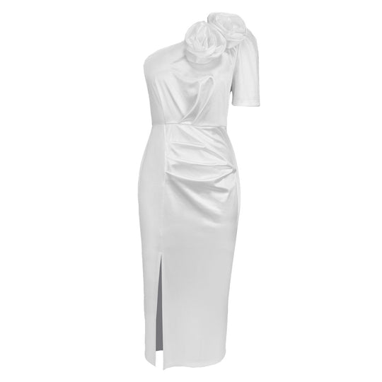 Damen Elegantes Wickelkleid mit schulterfreier Gestaltung und dekorativen Blüten EB