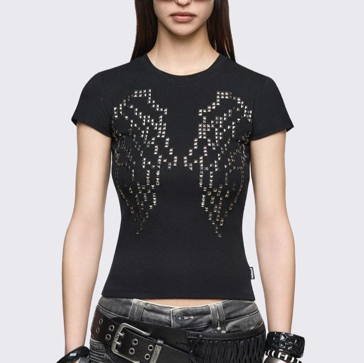 Damen Enganliegendes T-Shirt mit Metallic-Nieten EB