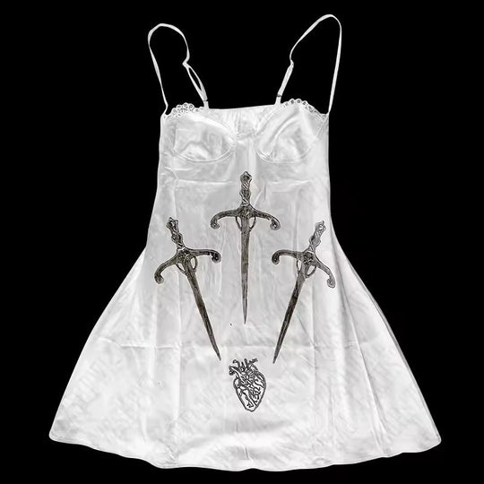 Damen Verspieltes Satin-Kleid mit Kunstgrafiken EB