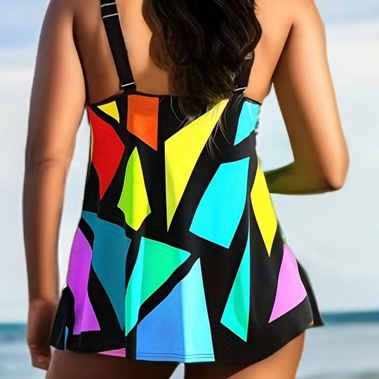Damen Schwimmdress mit geometrischem Muster und verstellbaren Trägern EB