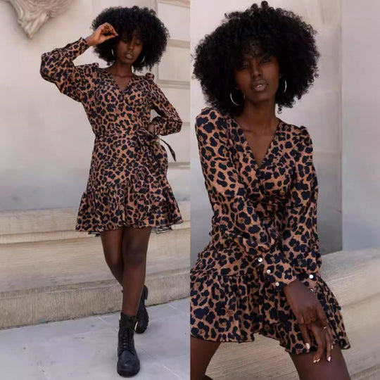 Damen schmeichelhaft Wickel-Mini-Kleid mit Leopardenmuster EB