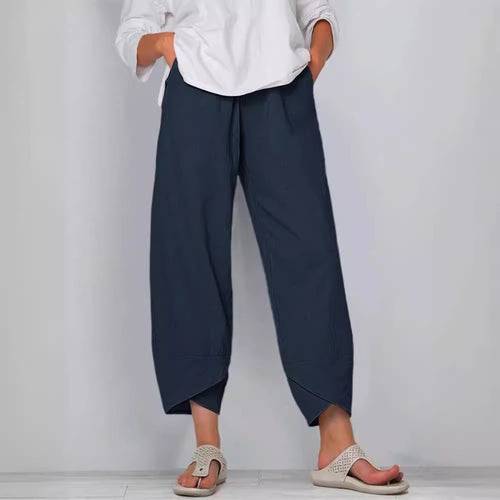 Damen nan weit geschnittene Leinenhose mit Tulpen-Saum und elastischem Bund EB