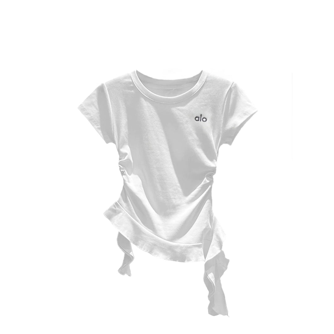 Damen nan kurzärmeliges Baumwoll-T-Shirt mit seitlicher Knotenraffung und Logostickerei EB