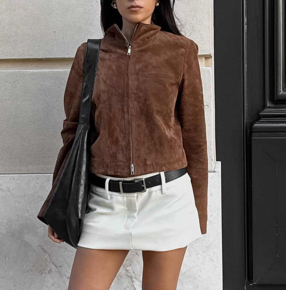 Damen Kurzjacke im modernen Wildleder-Look mit hohem Kragen EB