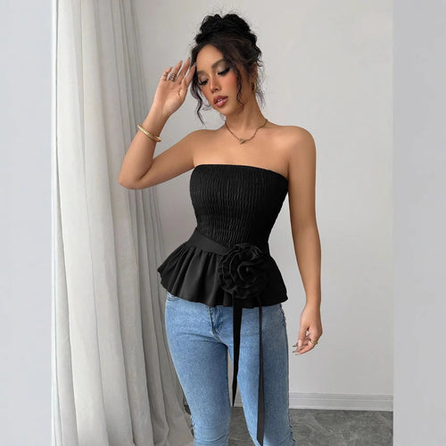 Damen nan figurbetontes trägerloses Smok-Oberteil mit Volant-Peplum und dekorativer Stoffblume EB