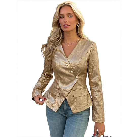 Damen Taillierter Metallic-Blazer mit Perlenknopfleiste und Schößchen EB