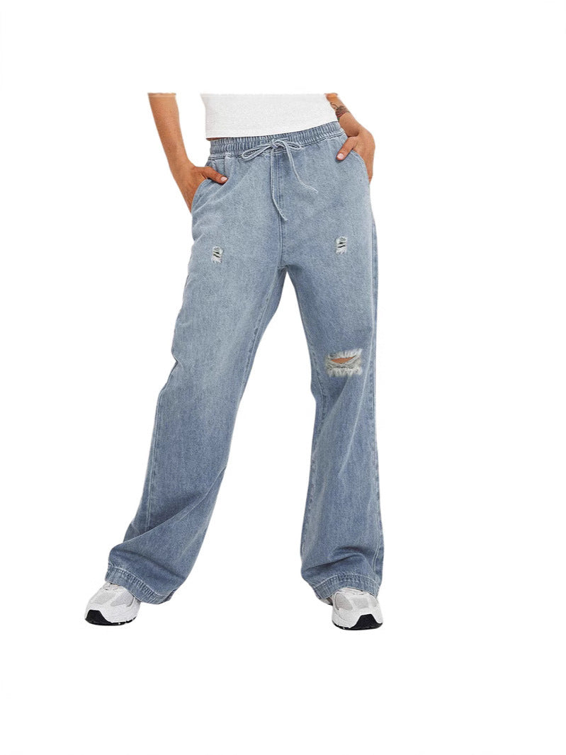 Damen Weite Denim-Hose mit modischen Ripped-Details und elastischem Bund EB