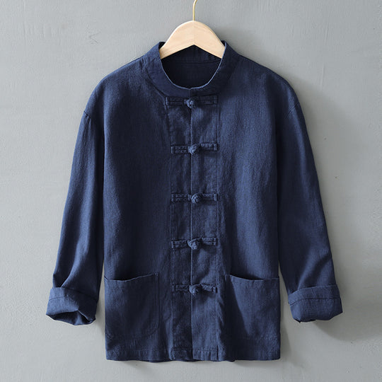 Herren nan leichte Leinenjacke im traditionellen chinesischen Stil mit Stehkragen und Knotenverschlüssen EB