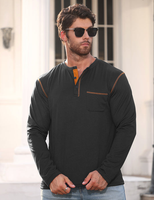 Herren nan Langarmshirt mit kurzer Knopfleiste Brusttasche und kontrastierenden Ziernähten EB