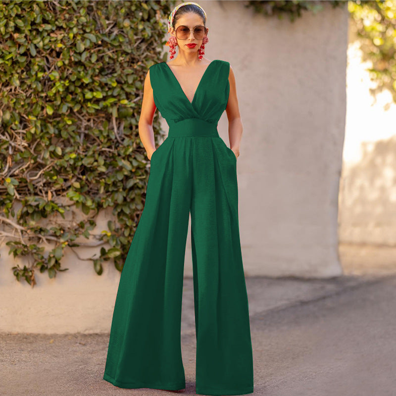 Damen Jumpsuit mit tiefem V-Ausschnitt und weit geschnittenem Bein EB
