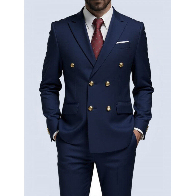 Herren nan doppelreihiger Slim-Fit Anzug mit goldenen Zierknöpfen und schmaler Businesshose EB