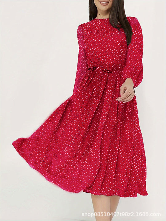 Damen Midikleid mit Punkten, taillierter Bindegürtel und Volantrock EB