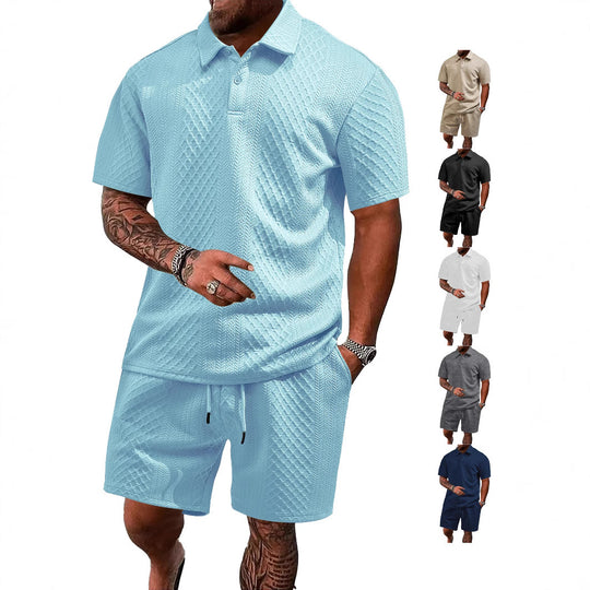 Herren nan geprägtes Waffel-Polo mit Kentkragen und elastischer Tunnelzugshorts im Set EB