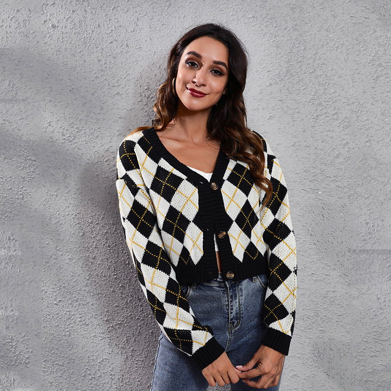 Damen Modischer Karodeckpullover mit tiefem V-Ausschnitt und eleganten Knopfdetails EB