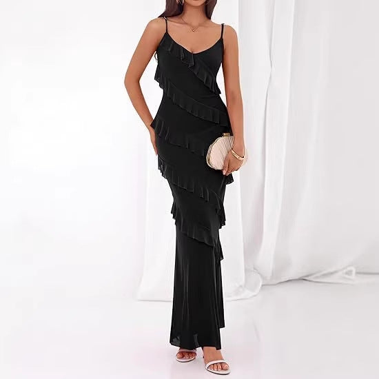 Damen Maxikleid mit Rüschen und Spaghettiträgern EB