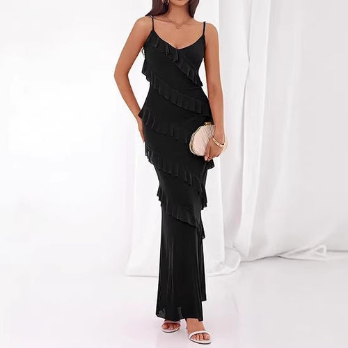 Damen Maxikleid mit Rüschen und Spaghettiträgern EB