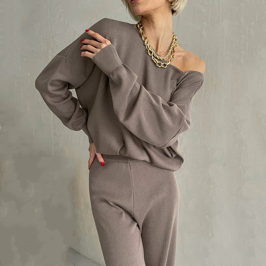 Damen lässiges Strickanzug-Set mit weitem Schnitt und modischen Details EB