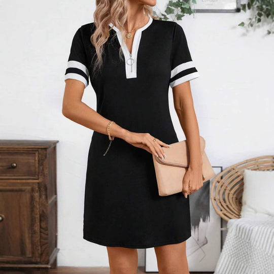 Damen sportliches Freizeitkleid mit Reißverschluss und kontrastierenden Ärmeln Heidi-Mode