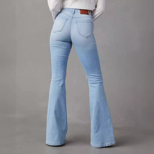 Damen Flared Jeans mit ausgefranstem Saum und verwaschenem Effekt EB