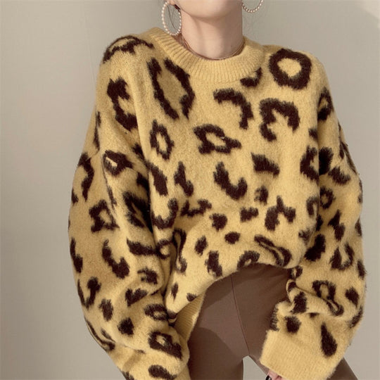 Damen Flauschiger Leopardenmuster Pullover EB