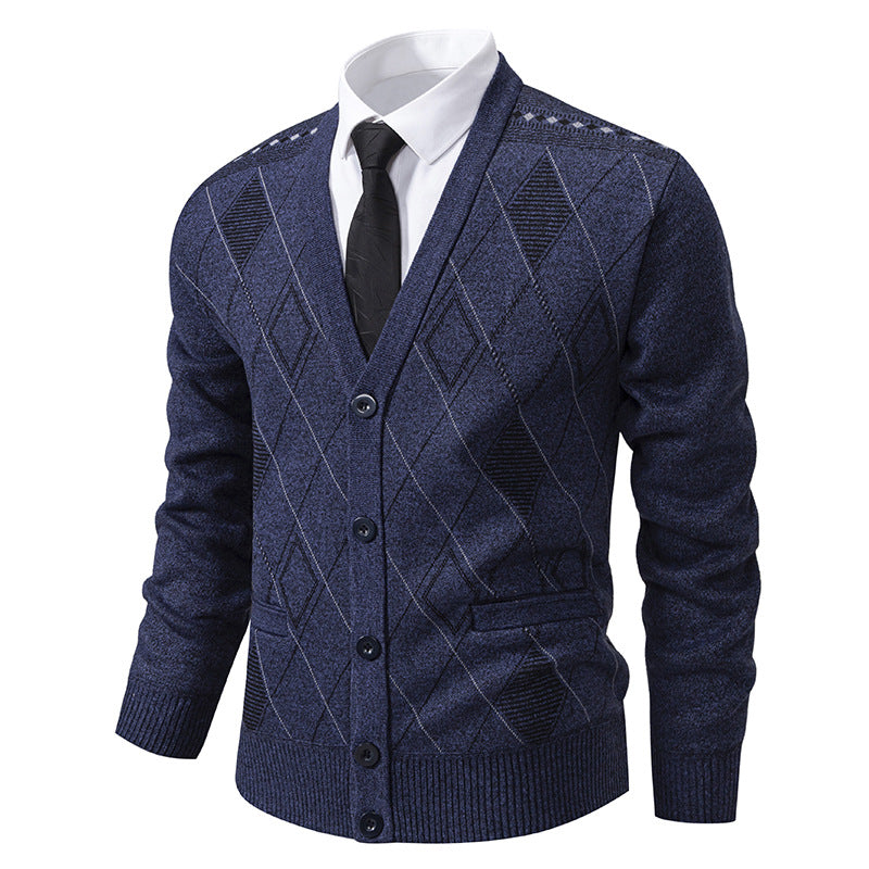 Herren nan feiner Rauten-Strickcardigan mit V-Ausschnitt, Knopfleiste und Eingriffstaschen EB
