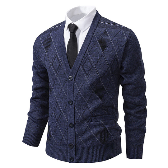 Herren nan feiner Rauten-Strickcardigan mit V-Ausschnitt, Knopfleiste und Eingriffstaschen EB