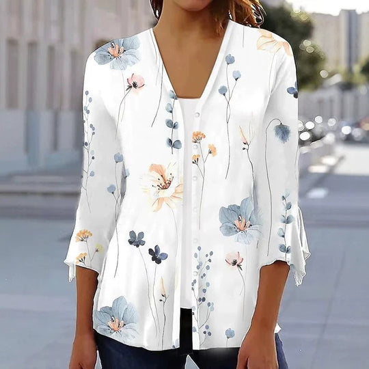 Damen nan leichte Chiffonbluse mit Aquarellblumenprint, V‑Ausschnitt, Knopfleiste und dreiviertelärmeln EB