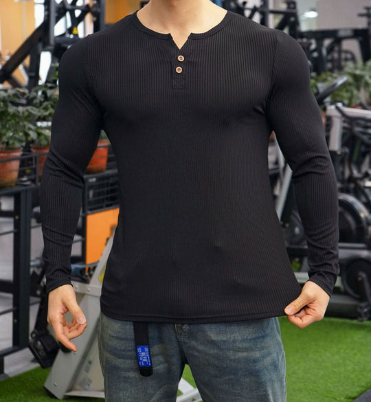 Herren Langarmshirt mit strukturiertem Design und Knopfleiste EB