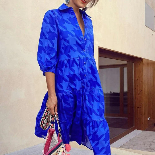 Damen Langarm-Hemdblusenkleid mit modischem Muster und praktischen Taschen EB