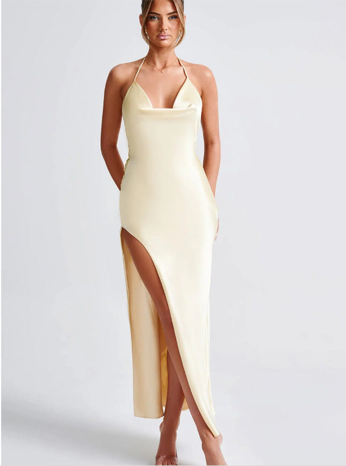 Damen Satin-Maxikleid mit tiefem Schlitz und Halterneck EB