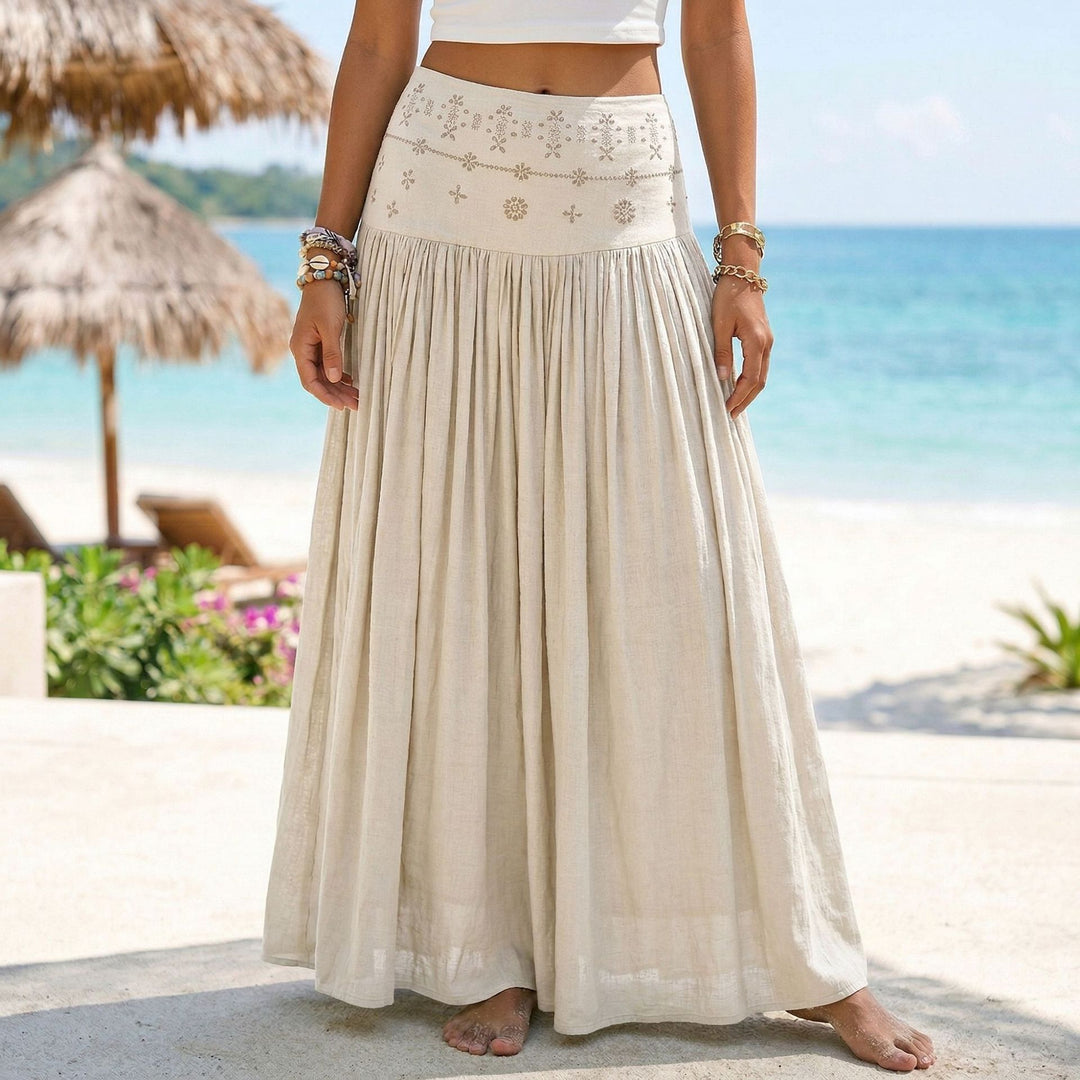 Damen nan maxi-Volantrock mit besticktem Bund und feinen Falten EB
