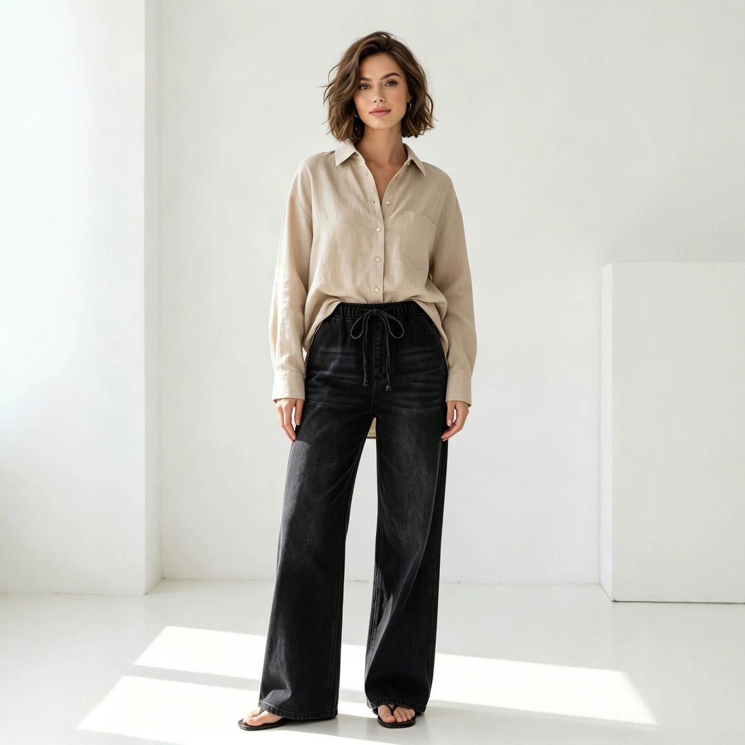 Damen nan Relaxed-Fit Denim-Hose mit elastischem Tunnelzugbund, dezentem Used-Effekt und weitem Bein EB