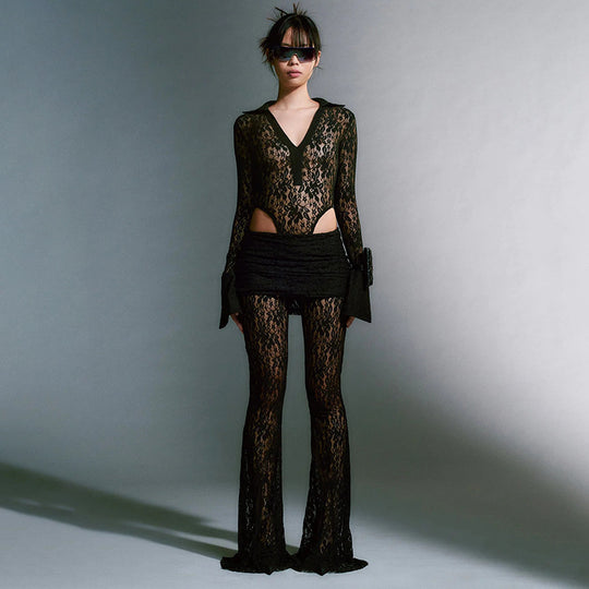 Damen Spitzentransparentes Hosen Set EB
