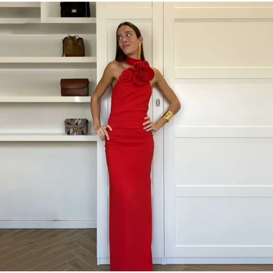 Damen Maxikleid mit verspieltem Halterneck und eleganter Schleifenbindung EB