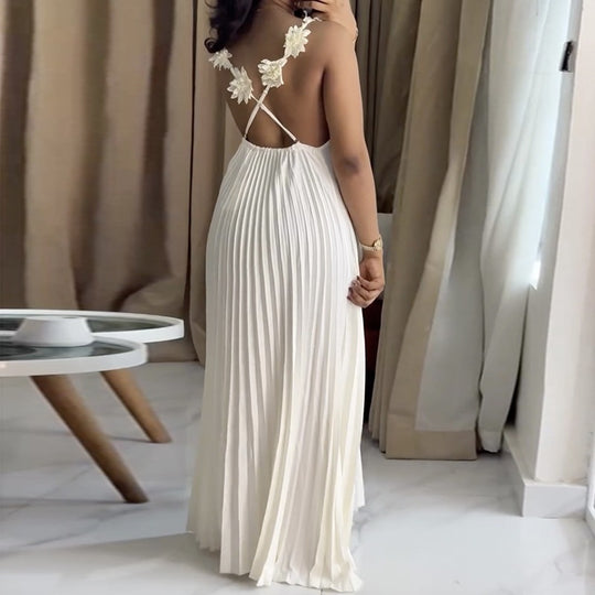 Damen Elegantes Maxikleid mit lässigem Faltenwurf und dekorativen Schulterblüten EB