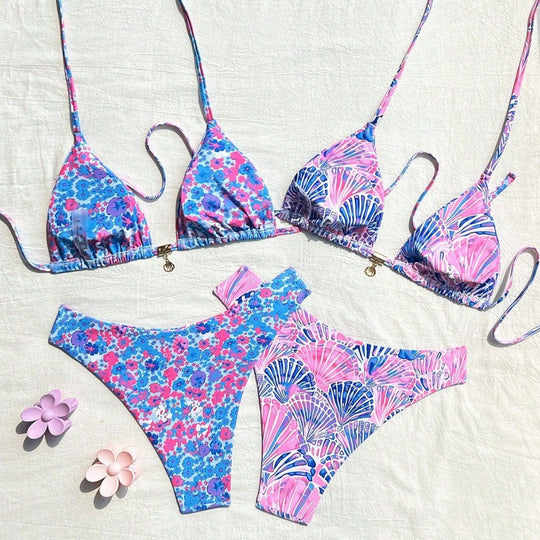 Damen Triangel-Bikini-Set mit floralen Mustern und raffinierten Trägern EB