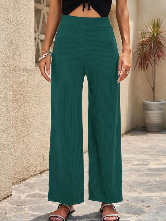 Damen Weite, gestreifte Plisseehose mit hohem Bund und elastischem Taillenbund EB