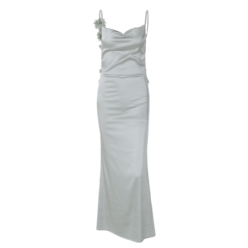 Damen Satin Maxikleid mit zarten Trägern und eleganter Drapierung EB