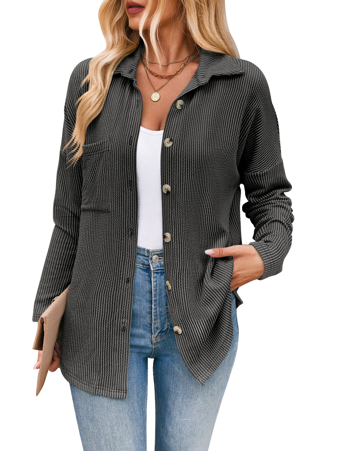 Damen lässige Strickjacke mit Knopfleiste EB