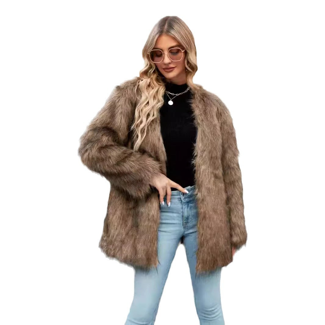Damen Luxe Kunstfelljacke mit offenem Kragen EB