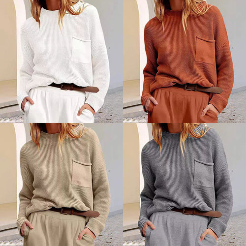Damen Strickpullover mit glänzender Struktur und praktischer Brusttasche EB