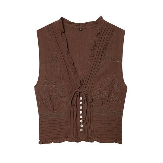 Damen ärmelloses Blusenshirt mit Stickereien und zarten Rüschen EB